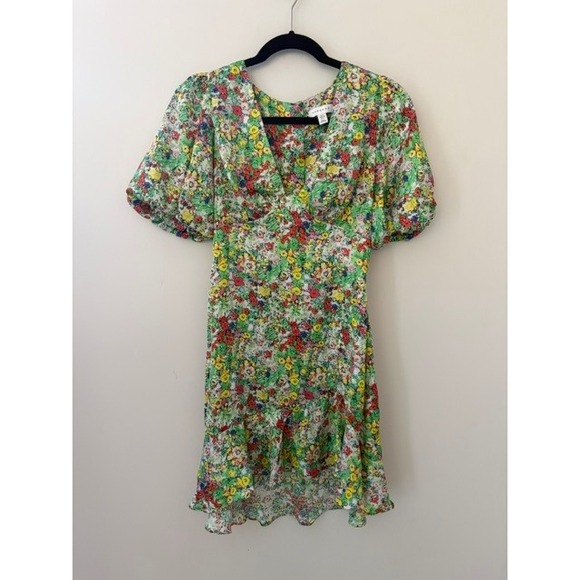 Topshop Dresses & Skirts - Topshop Floral Puff Sleeve Cutout Back Mini Dress Green Multi Size US 4